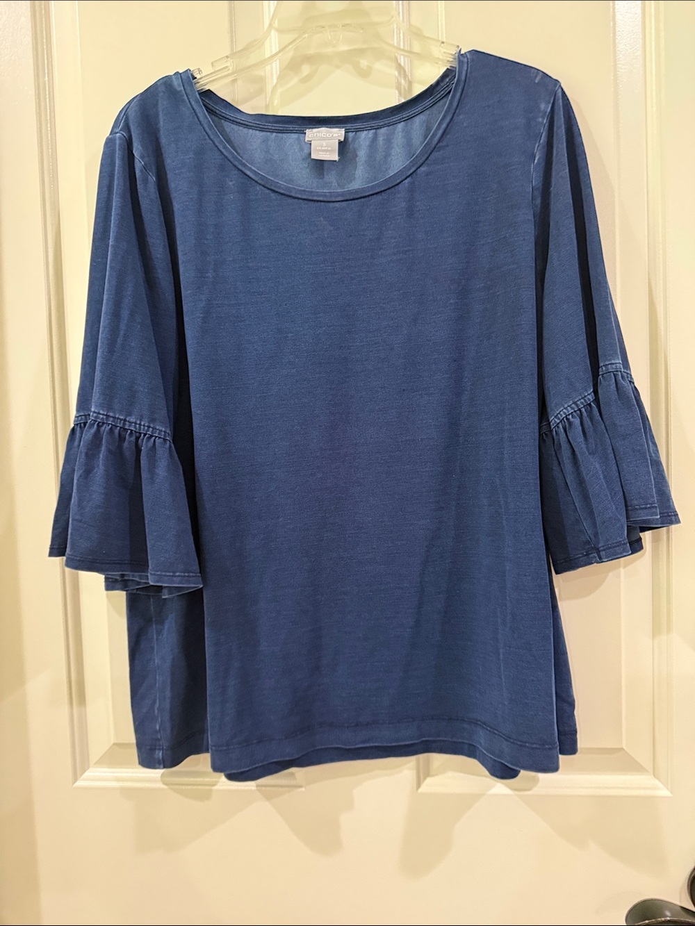 Chico's Navy Blue Ruffle Bell Sleeve Tee